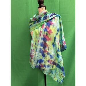 SIGNALS 100% Silk Art-to-Wear Amazing Tie Dye Blues Greens Purple Scarf 19”x74”